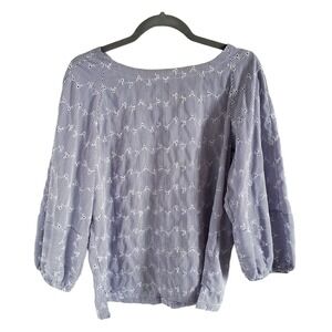 Loft Women Size M Blue Stripe Eyelet Tunic Long Puffed Sleeve Button Up Back